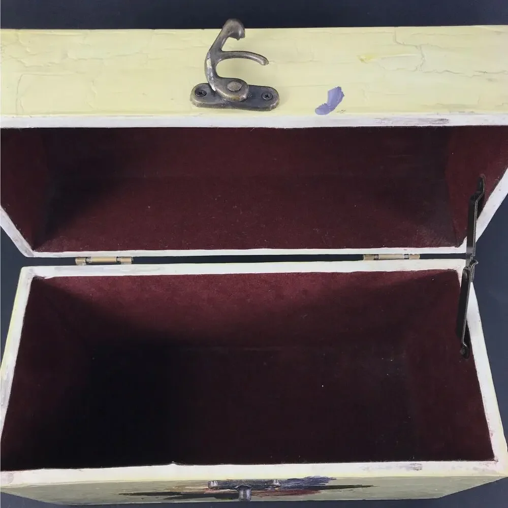 Antique-Like Small Lacquerware Box, Hand-Painted Yellow Flowers, Keepsake Chest